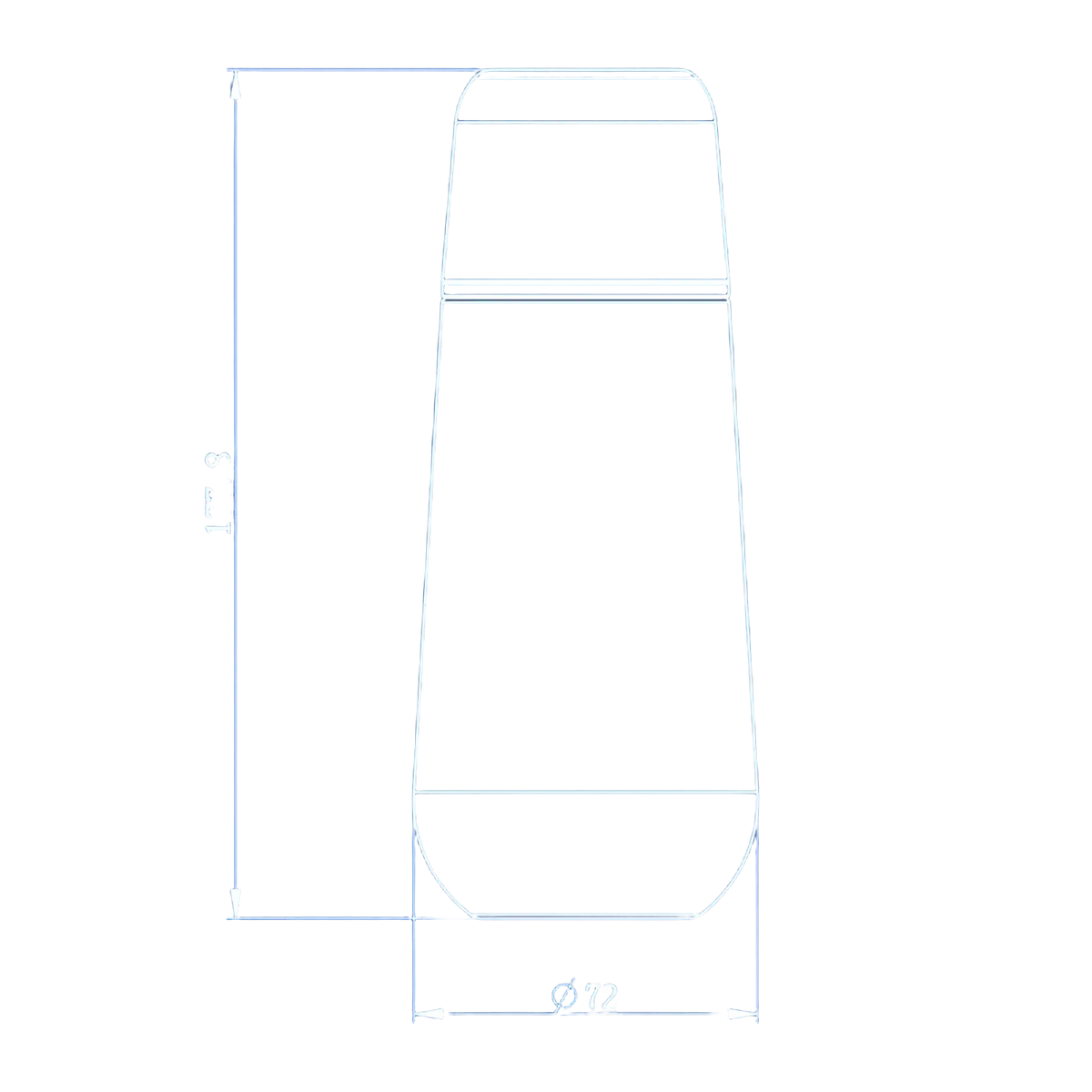 A sleek white cylindrical postpartum perineal recovery bottle technical drawing with dimensions 177.8 mm height 72 mm diameter