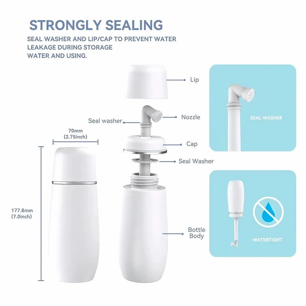 White plastic travel bottle with silver metallic band for postpartum perineal recovery healthcare kit