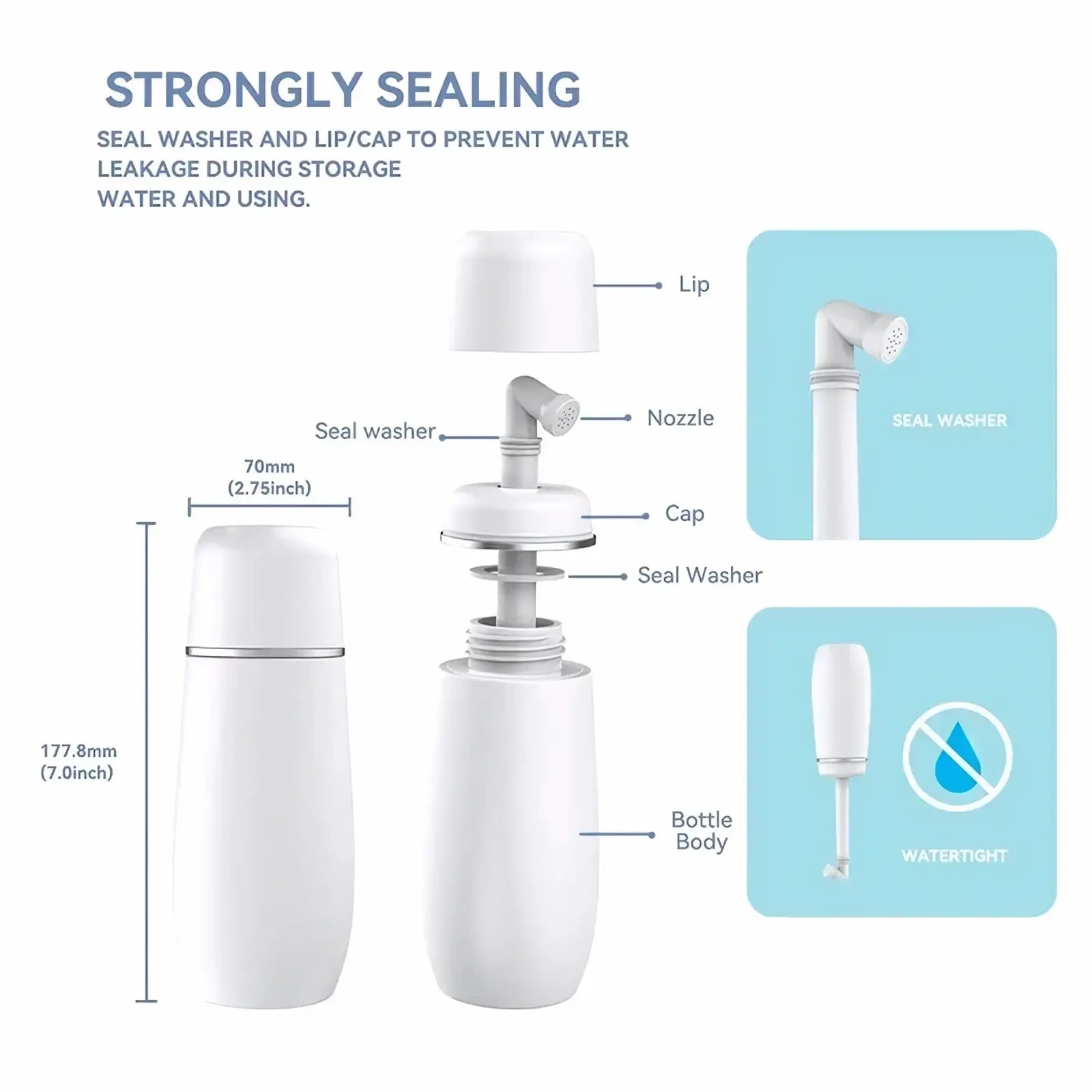 White plastic travel bottle with silver metallic band for postpartum perineal recovery healthcare kit