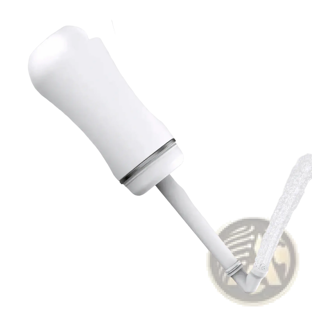 White plastic oral irrigator with sleek ergonomic design and metallic accent ring in postpartum perineal recovery kit