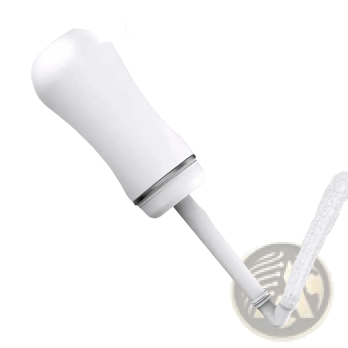 White plastic oral irrigator with sleek ergonomic design and metallic accent ring in postpartum perineal recovery kit