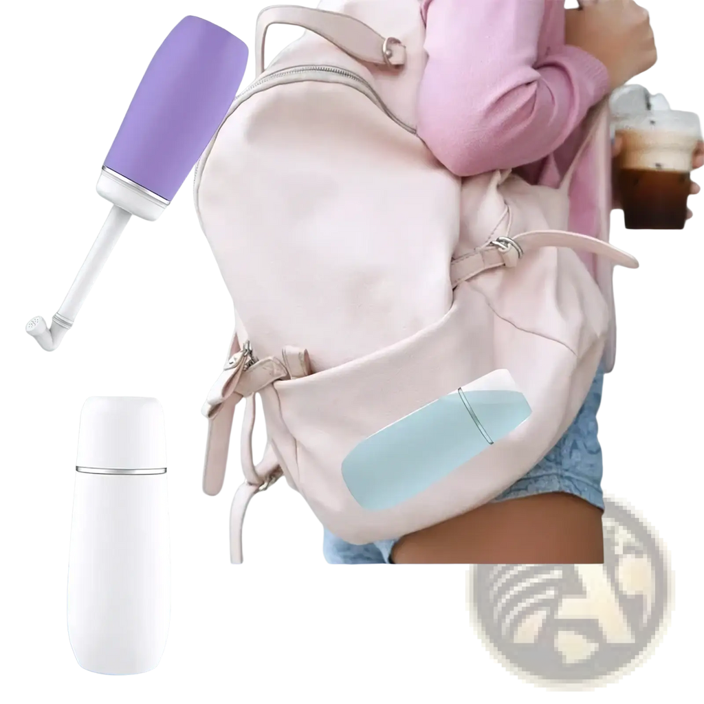 Purple and white handheld water bottle with sleek ergonomic design for postpartum perineal recovery healthcare kit