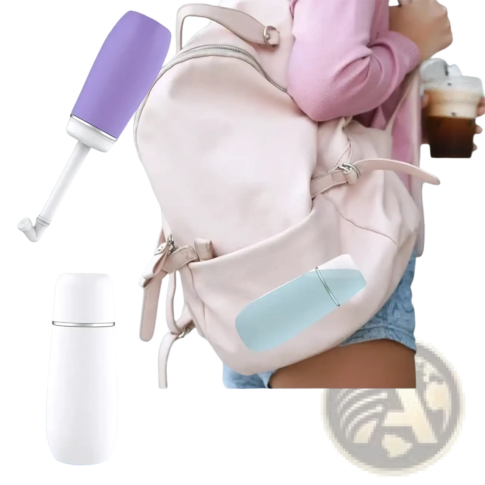 Purple and white handheld water bottle with sleek ergonomic design for postpartum perineal recovery healthcare kit