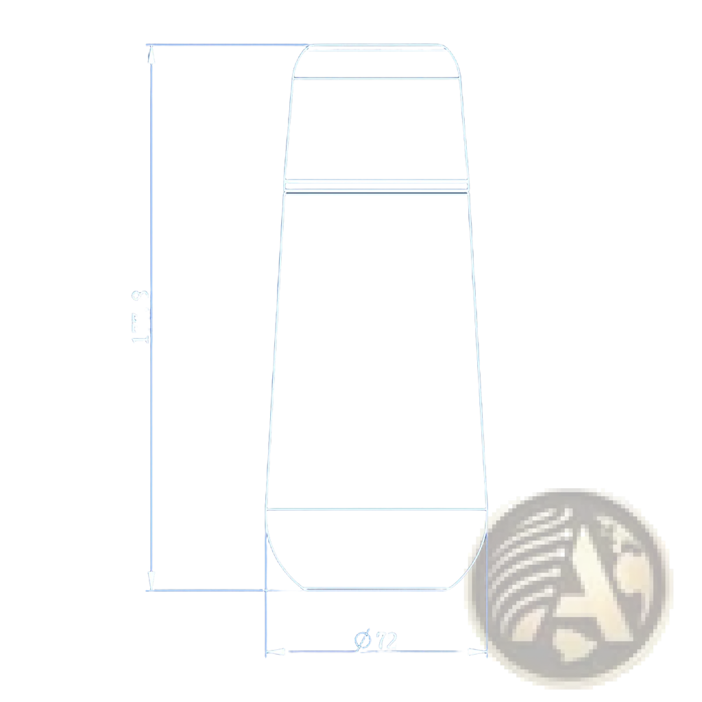 A sleek white cylindrical postpartum perineal recovery bottle technical drawing with dimensions 177.8 mm height 72 mm diameter