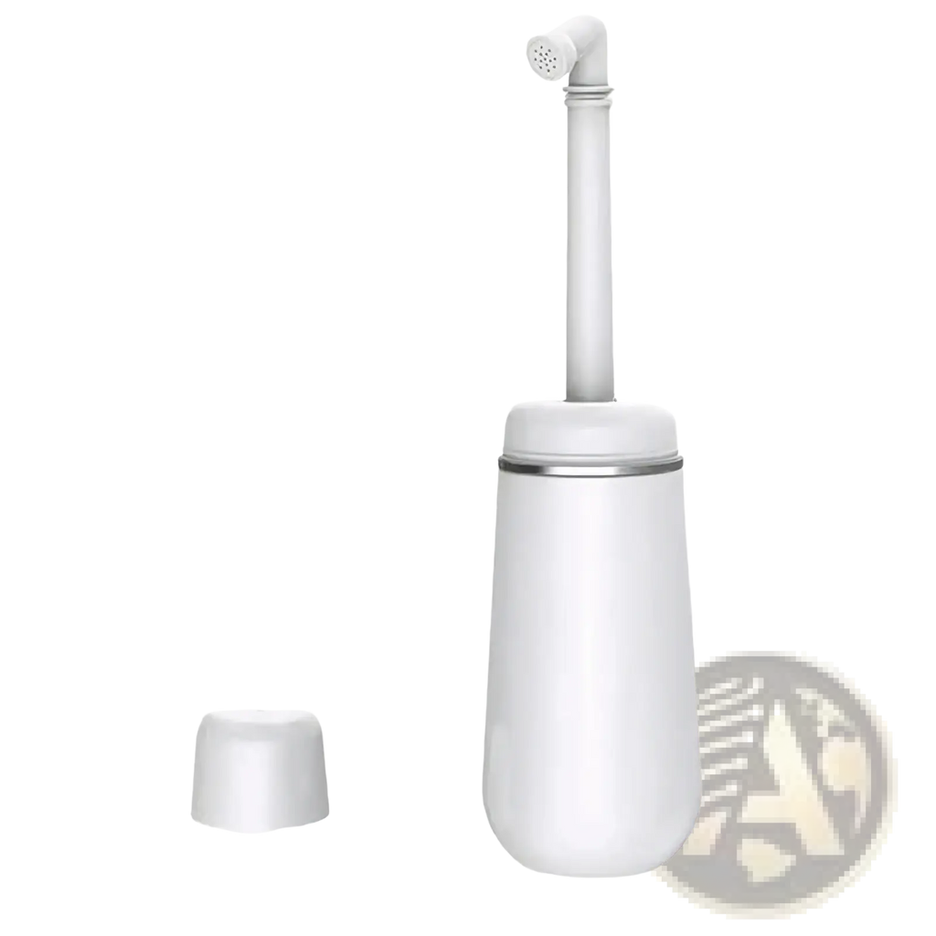 White postpartum perineal recovery toilet brush with sleek cylindrical handle and silver accent holder for healthcare use