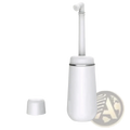 White postpartum perineal recovery toilet brush with sleek cylindrical handle and silver accent holder for healthcare use