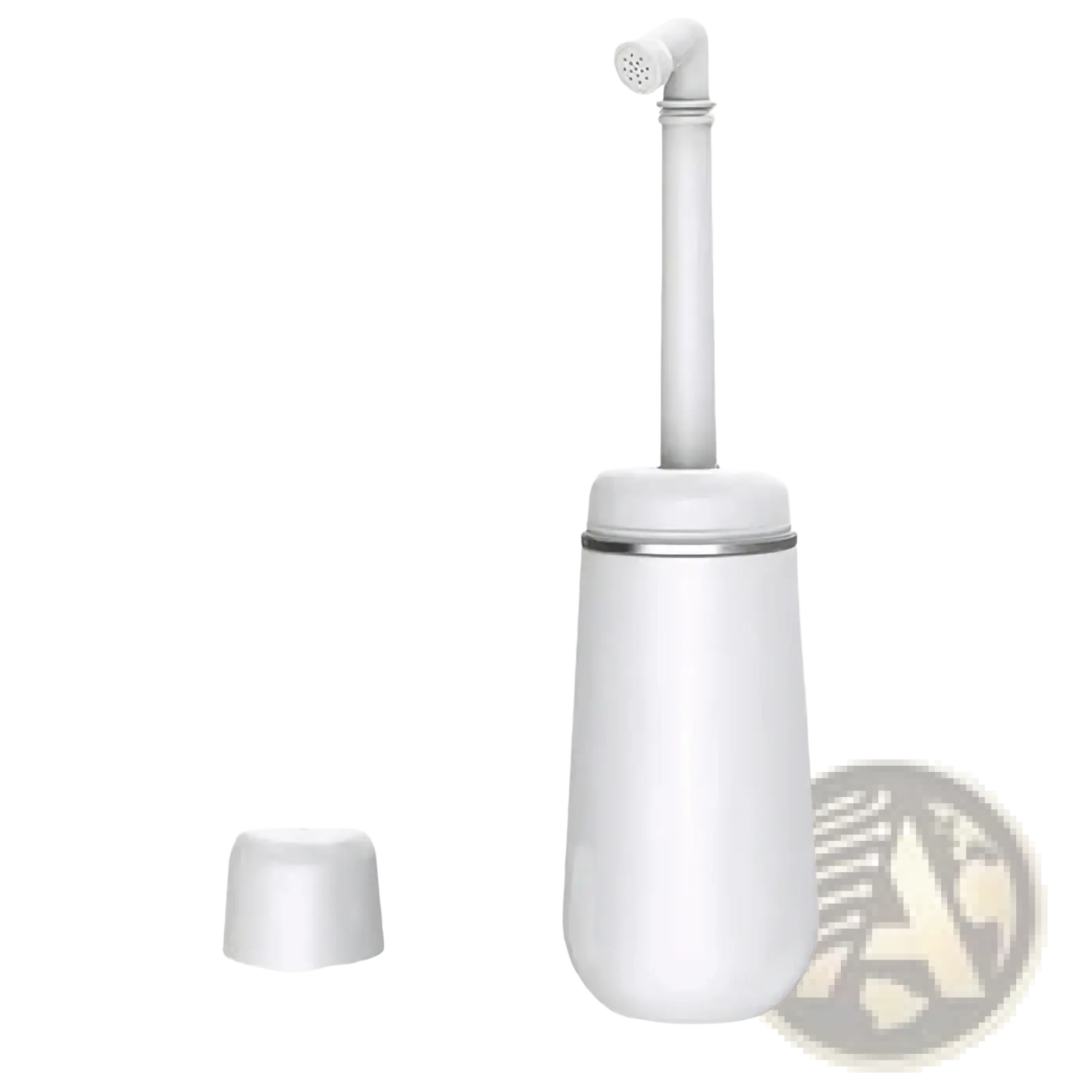 White postpartum perineal recovery toilet brush with sleek cylindrical handle and silver accent holder for healthcare use