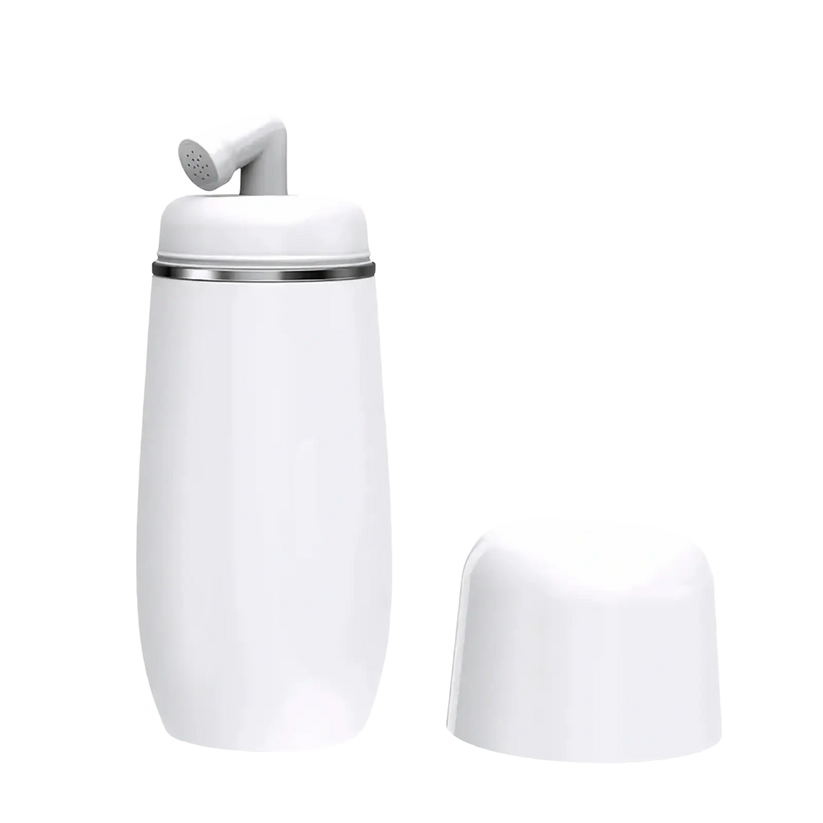 White ceramic postpartum perineal recovery spray bottle with sleek cylindrical body and silver metallic rim