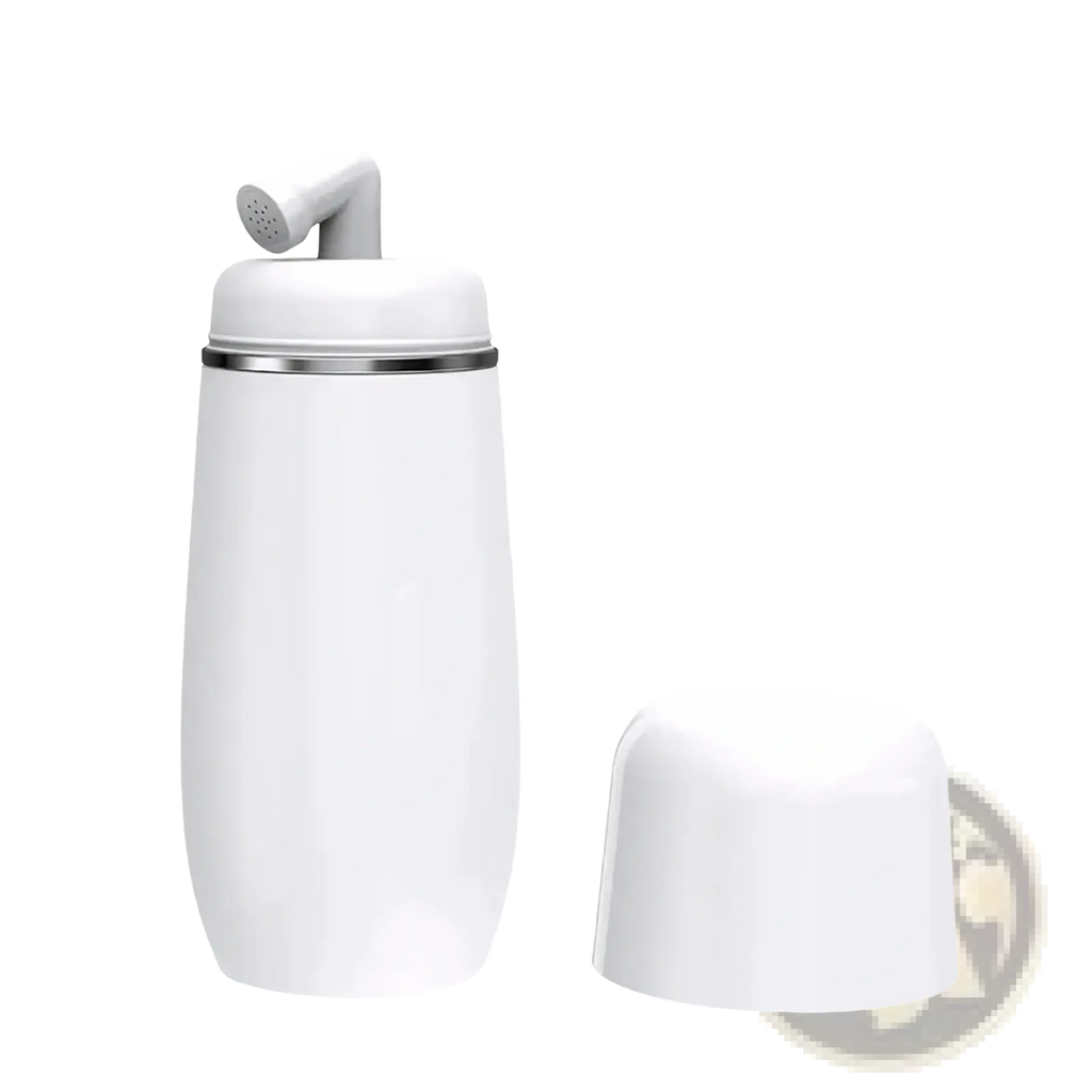 White ceramic postpartum perineal recovery spray bottle with sleek cylindrical body and silver metallic rim