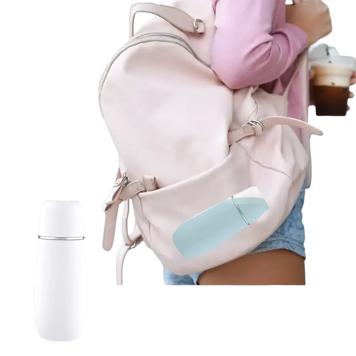 White insulated postpartum perineal recovery spray bottle with sleek minimalist design and silver accent band