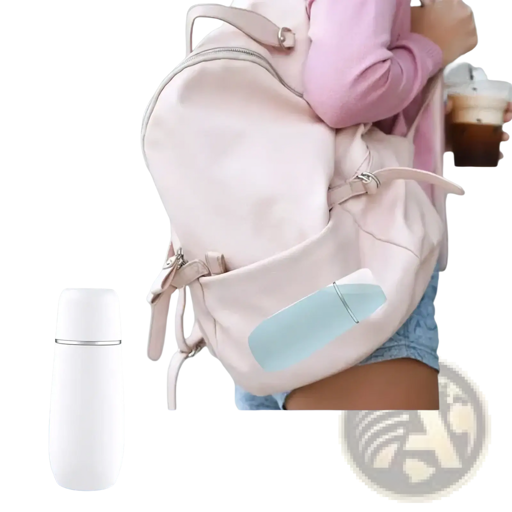 White insulated postpartum perineal recovery spray bottle with sleek minimalist design and silver accent band