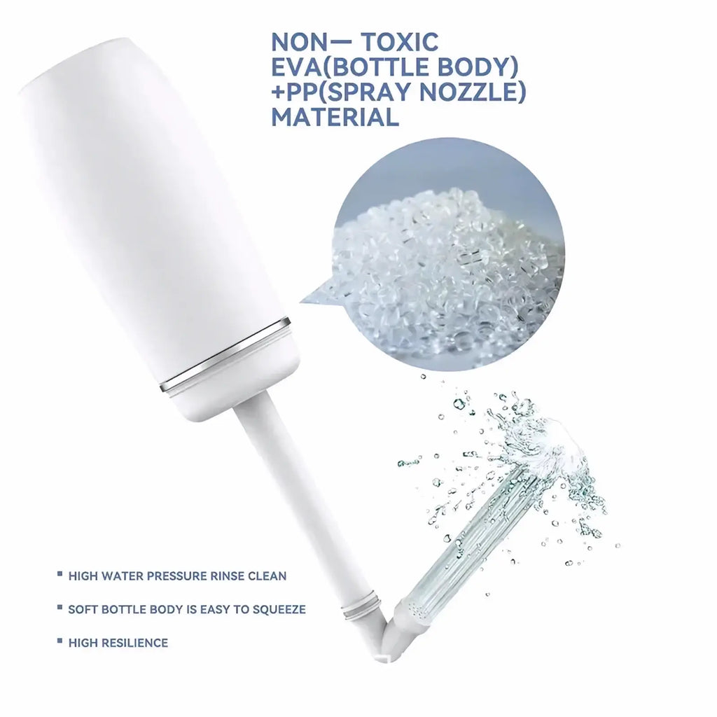 White postpartum perineal recovery spray bottle with silver nozzle transparent tip made from non-toxic eva and pp materials