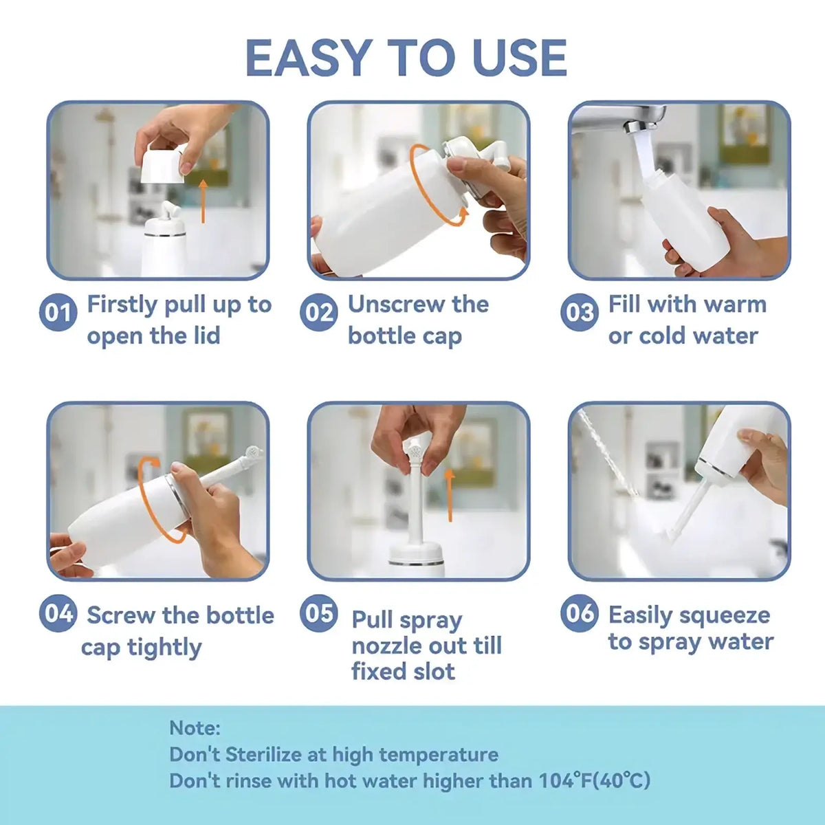 White plastic postpartum perineal recovery spray bottle with screw-on cap and detachable nozzle shown from the back side