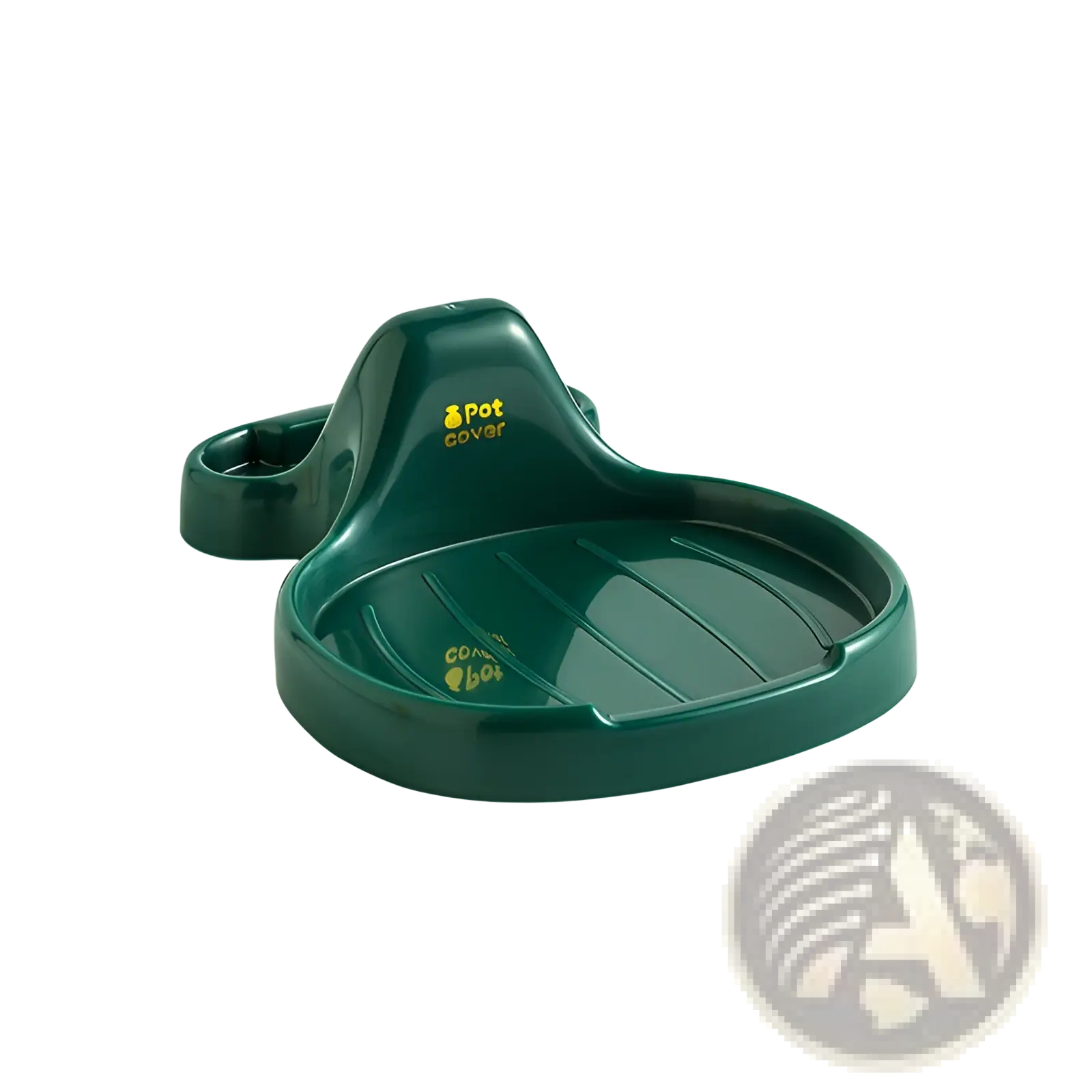 Dark green plastic pot lid holder countertop organizer rack with curved ergonomic design and molded interior ridges