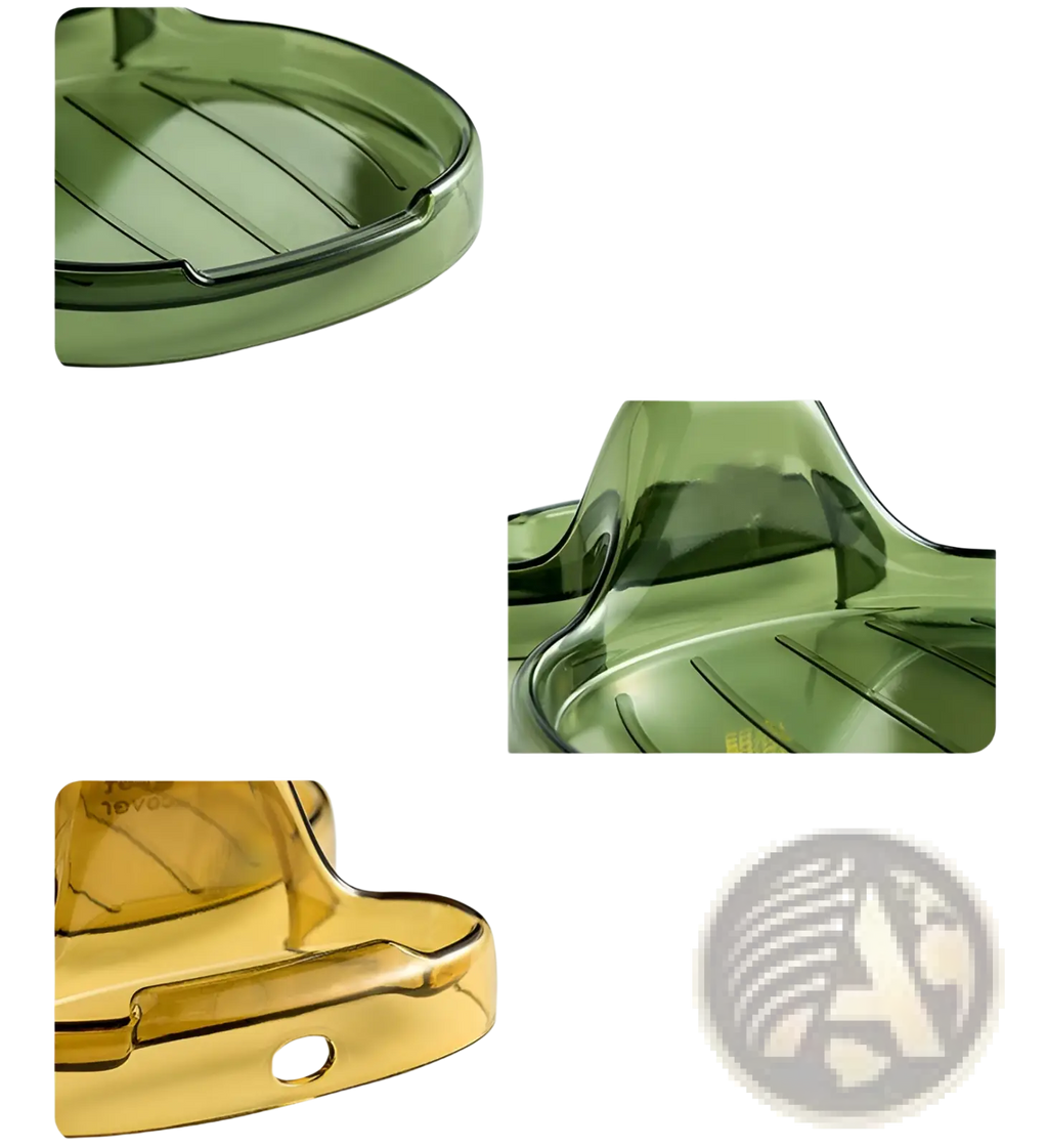 Pot lid holder countertop organizer rack made of translucent green and amber plastic with integrated drainage ridges