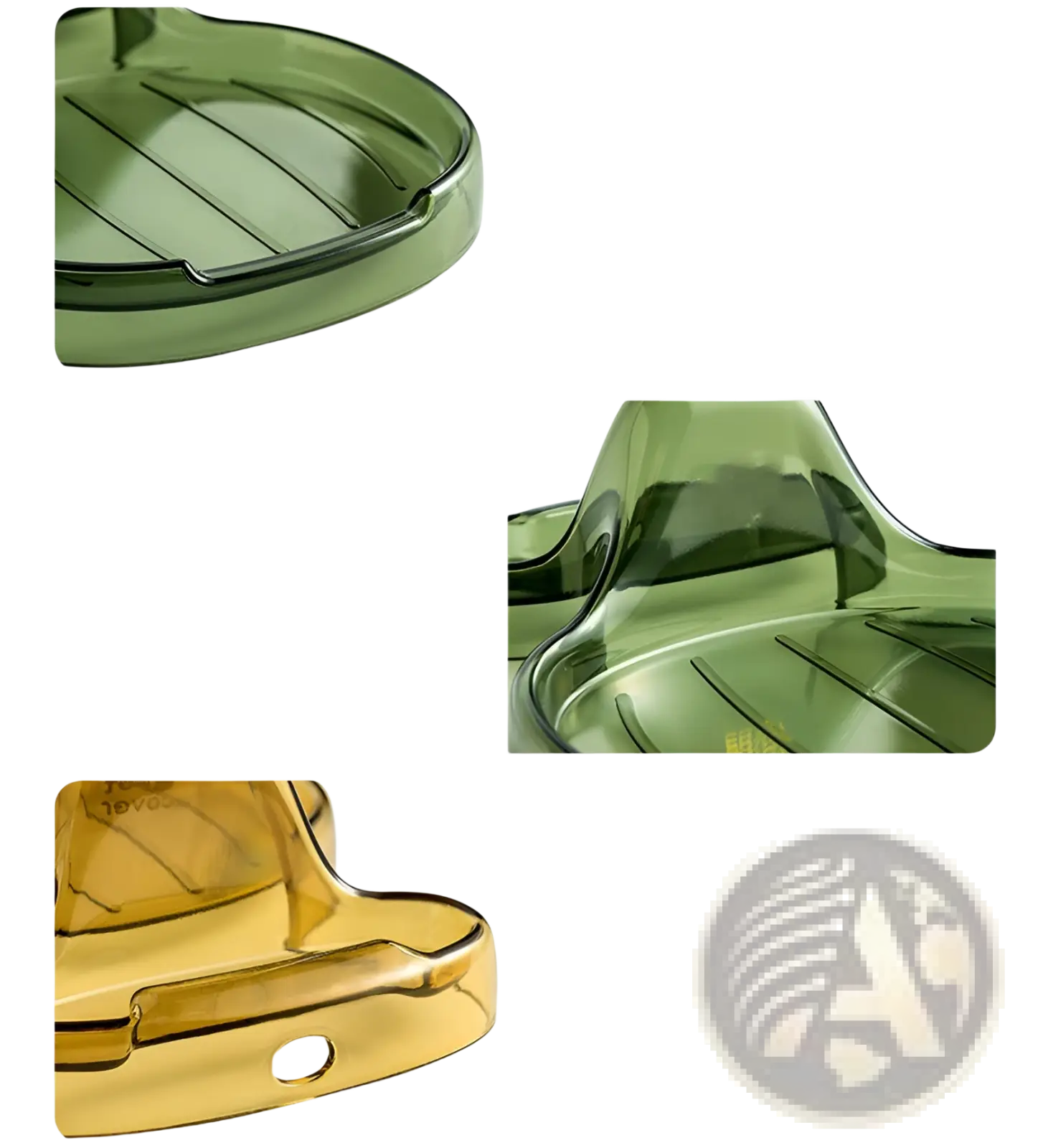 Pot lid holder countertop organizer rack made of translucent green and amber plastic with integrated drainage ridges
