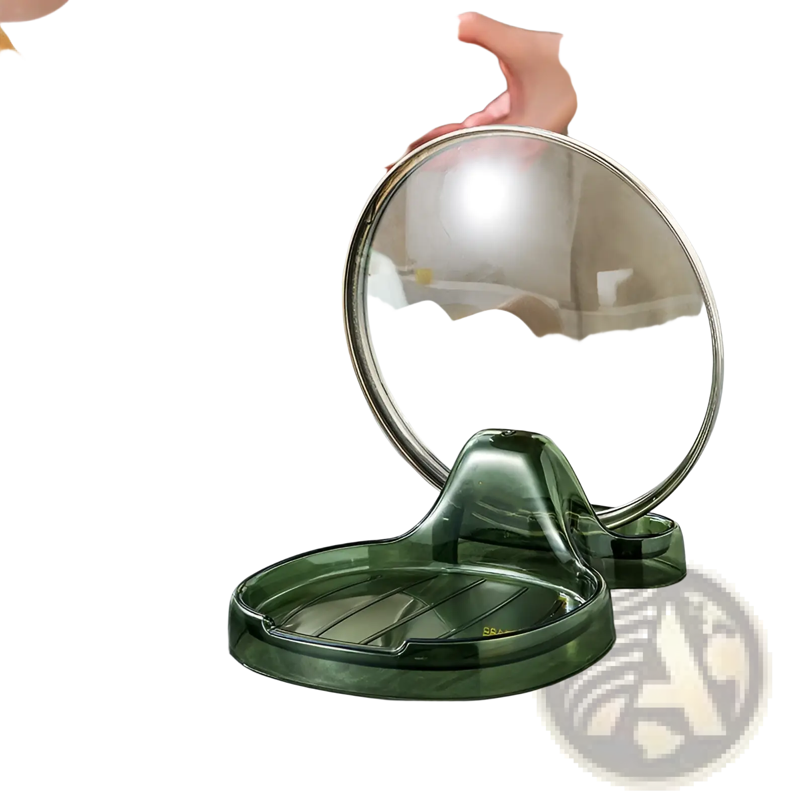 Transparent green plastic pot lid holder with wooden knob handle for countertop organizer rack display