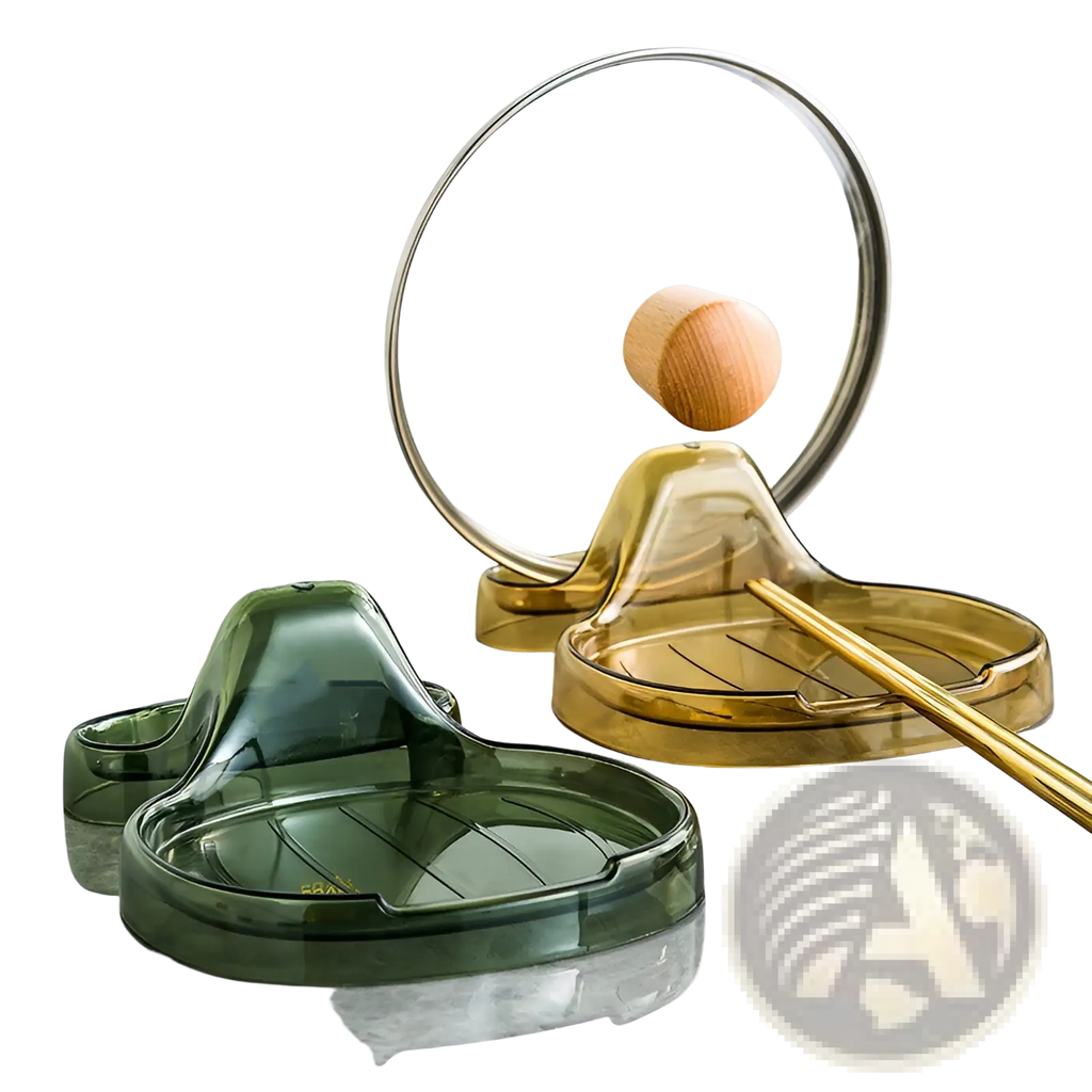 Transparent green and amber plastic pot lid holder with wooden knobs countertop organizer rack