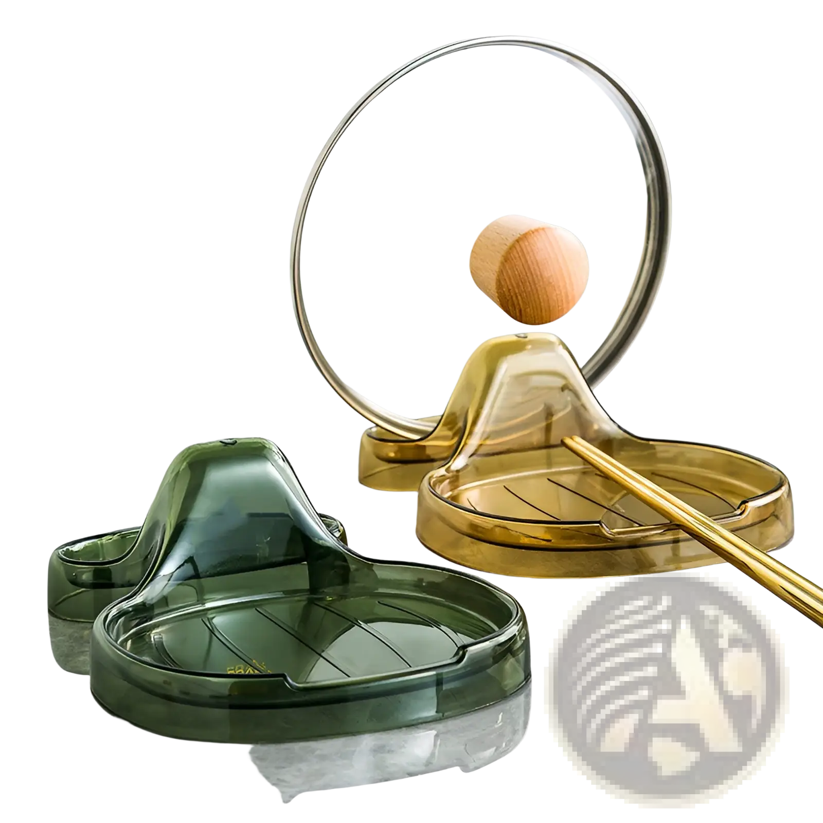 Transparent green and amber plastic pot lid holder with wooden knobs countertop organizer rack