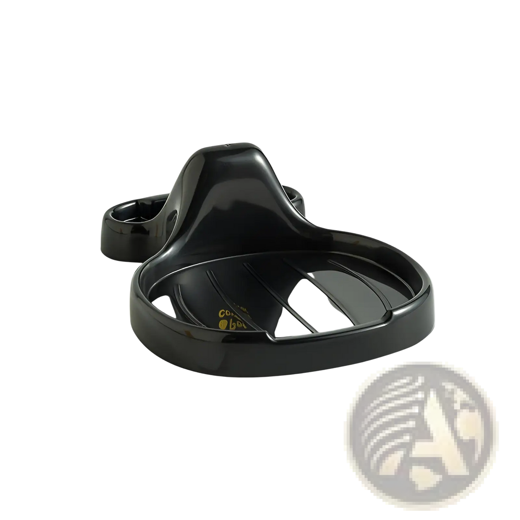 Black glossy plastic pot lid holder countertop organizer rack with curved ergonomic design and integrated handle