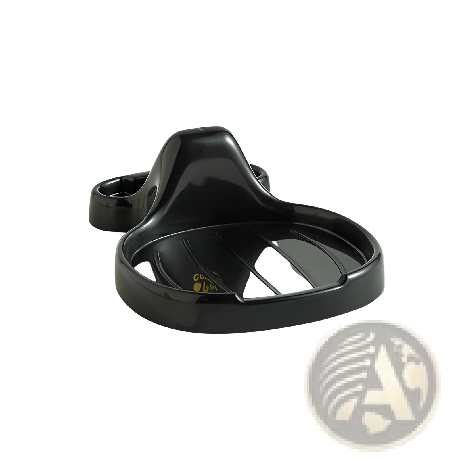 Black glossy plastic pot lid holder countertop organizer rack with curved ergonomic design and integrated handle