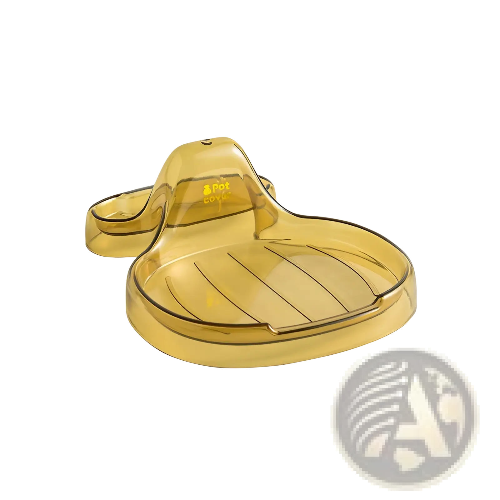 Transparent amber-colored plastic pot lid holder shaped like a duck with ridged grooves for countertop organization