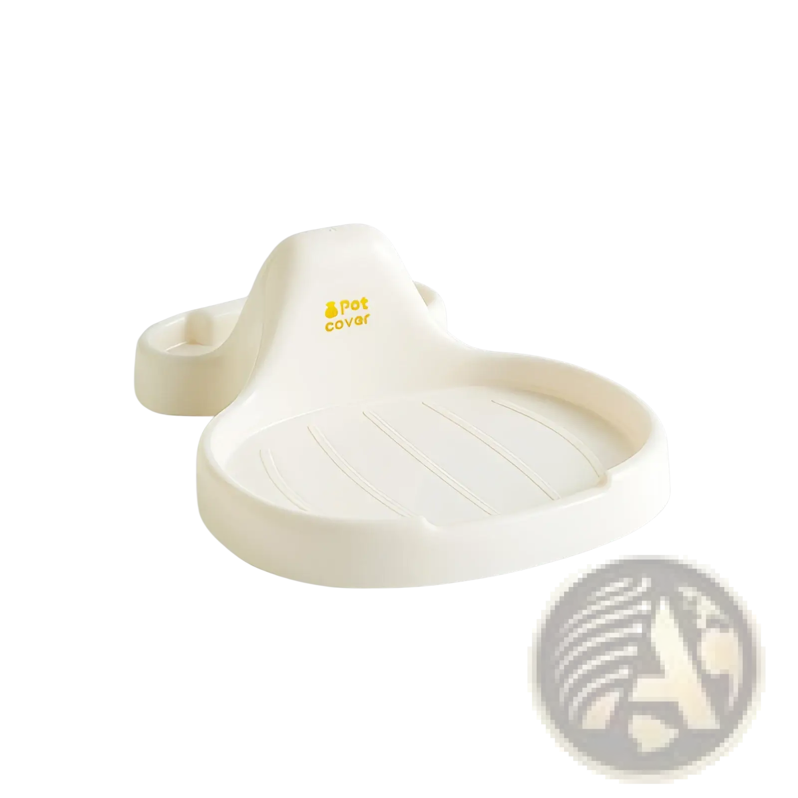 Cream-colored plastic pot lid holder countertop organizer rack with curved shallow tray design and integrated handle
