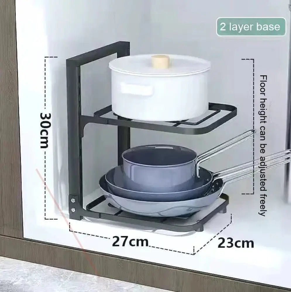 Black metal two-tier kitchen rack with adjustable height and 2-layer base for organizing pots and pans