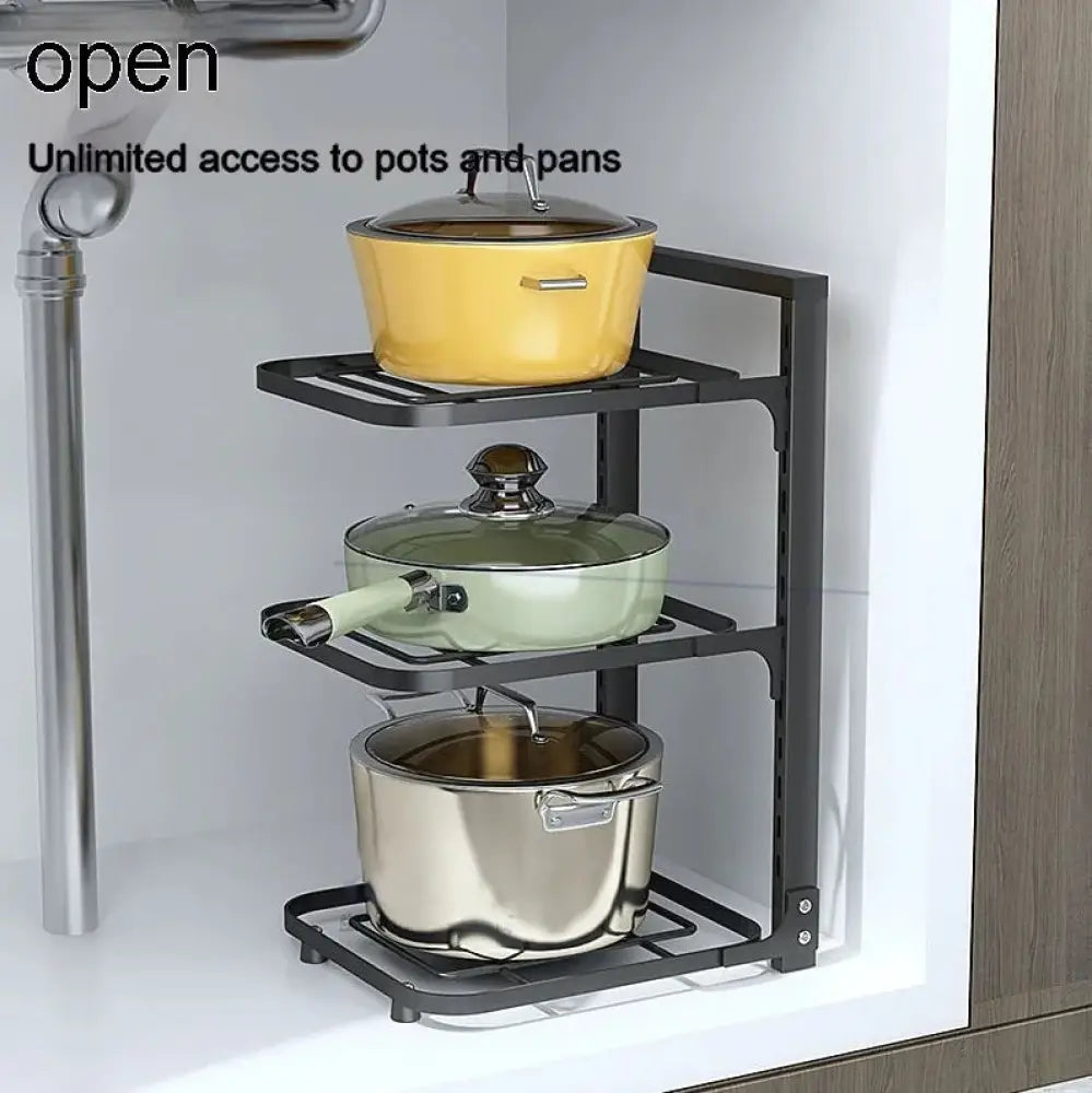 Black metal three-tier adjustable stainless steel pot and pan organizer holding yellow light green and steel pots