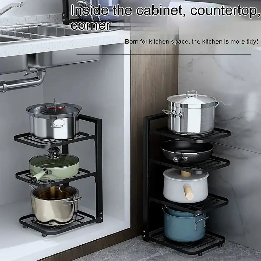 Black metal 3-tier adjustable stainless steel pot and pan organizer holding various cookware under sink