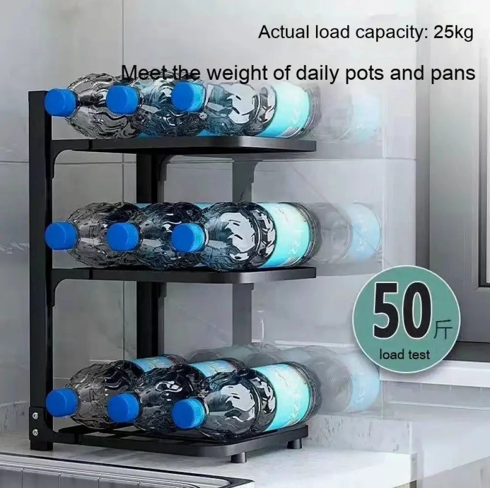 Black three-tiered adjustable stainless steel pot and pan organizer holding water bottles with blue caps
