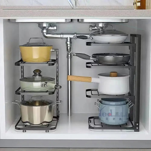 Black metal 3-tier adjustable stainless steel pot and pan organizer with under-sink shelves holding cookware