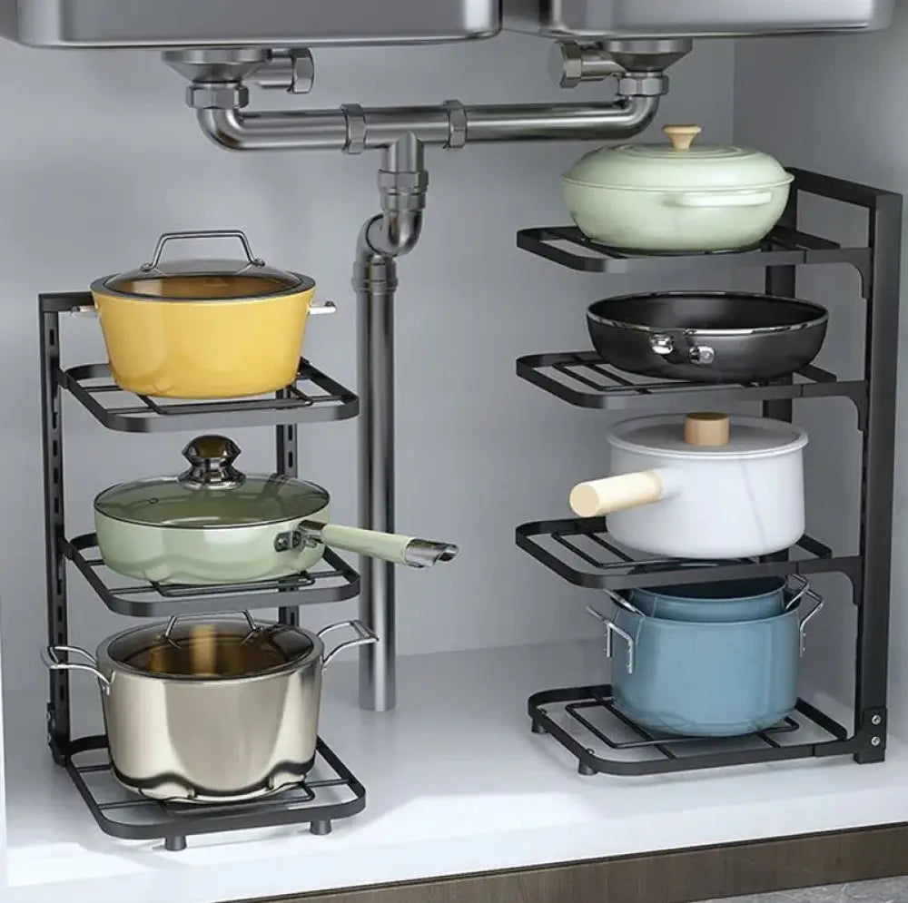 Black metal 3-tier adjustable stainless steel pot and pan organizer under sink holding colorful cookware