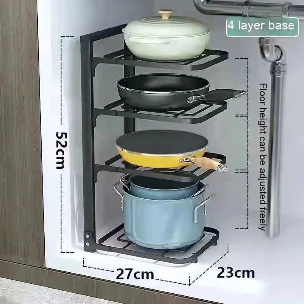 Black metal under-sink pot rack with four adjustable shelves in the 3-tier adjustable stainless steel pot organizer