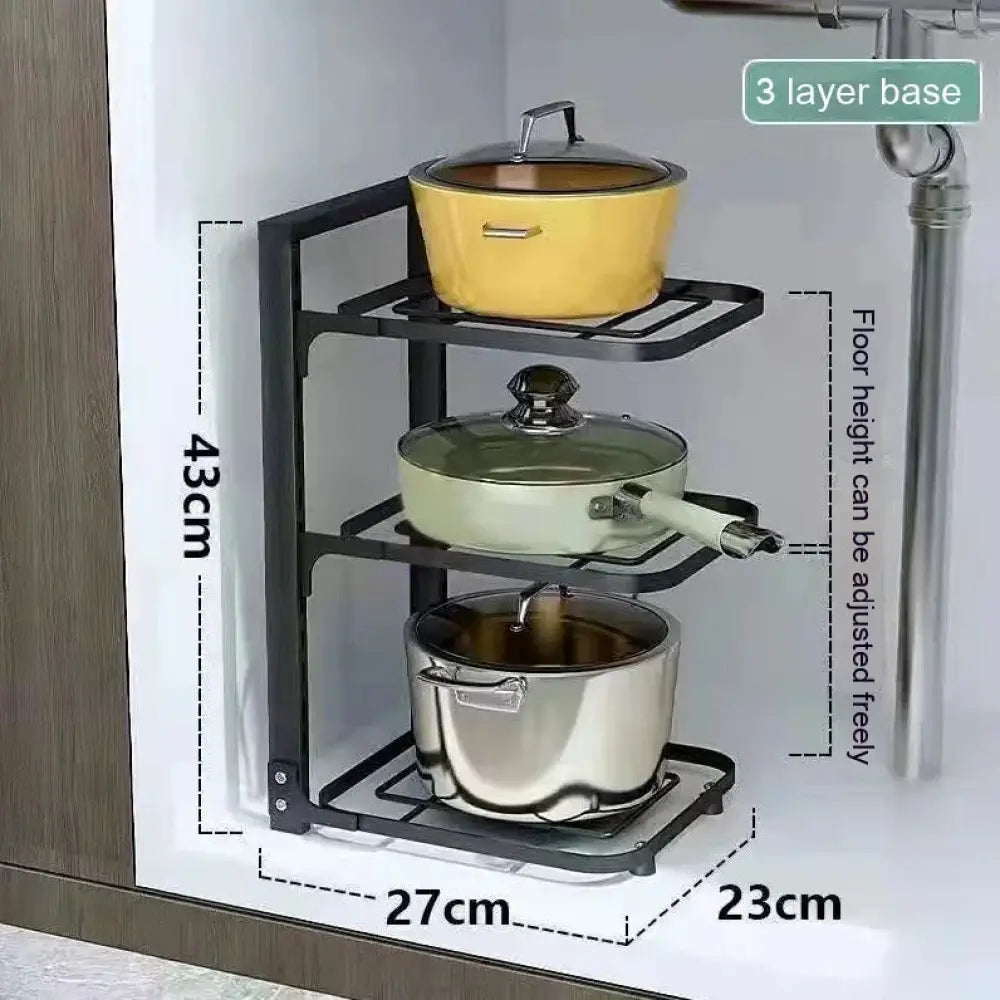 Black metal three-tier pot rack with adjustable height and stainless steel base for organizing pots and pans