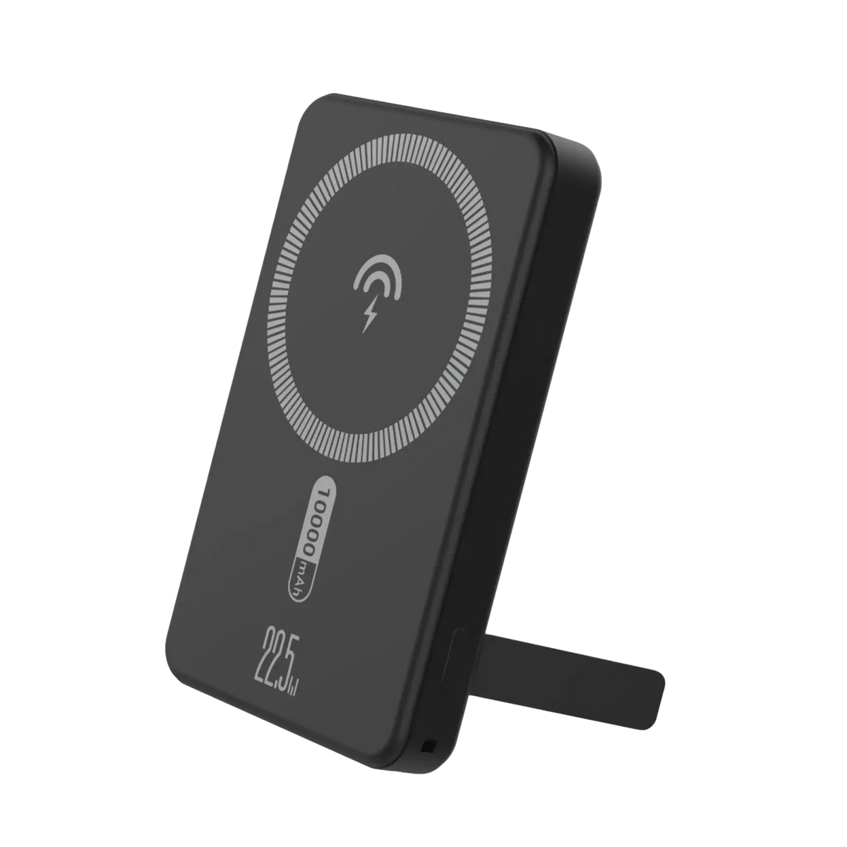 Black rectangular wireless charger power bank with matte finish 10000mah capacity and circular charging symbol