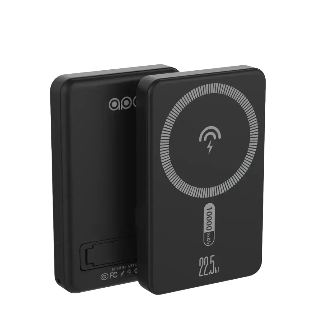 Black rectangular wireless charger power bank with magnetic charging symbol and 10,000mah capacity
