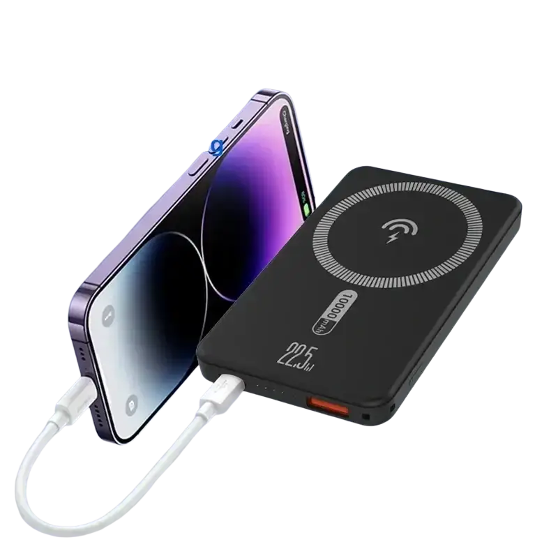 Black rectangular power bank 10000mah wireless charger with 22.5w magnetic charging and circular induction coil design