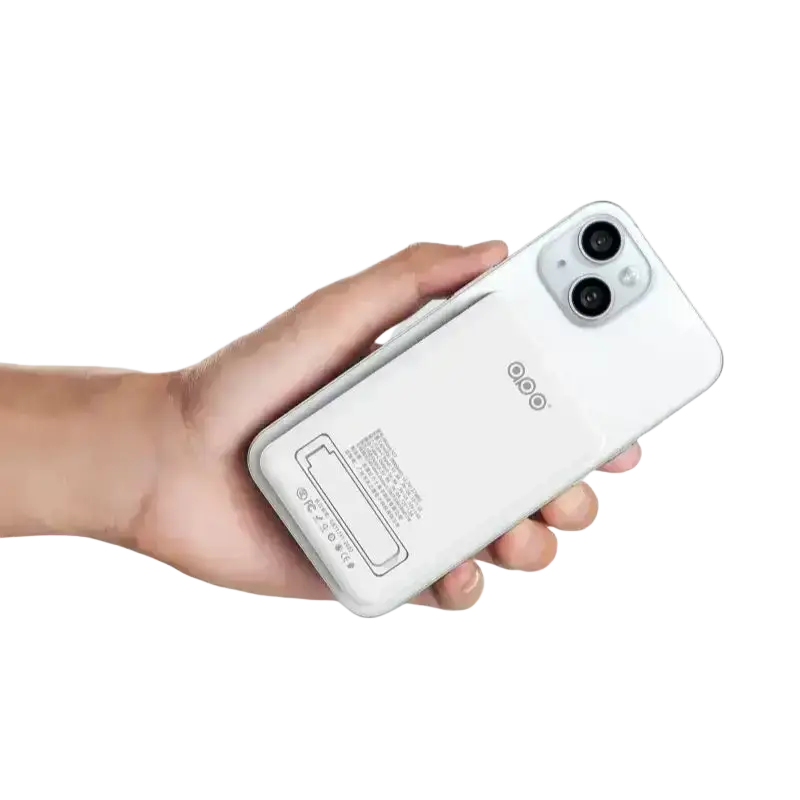 White ooo smartphone back with dual-camera featured alongside a magnetic wireless charger power bank 10000mah