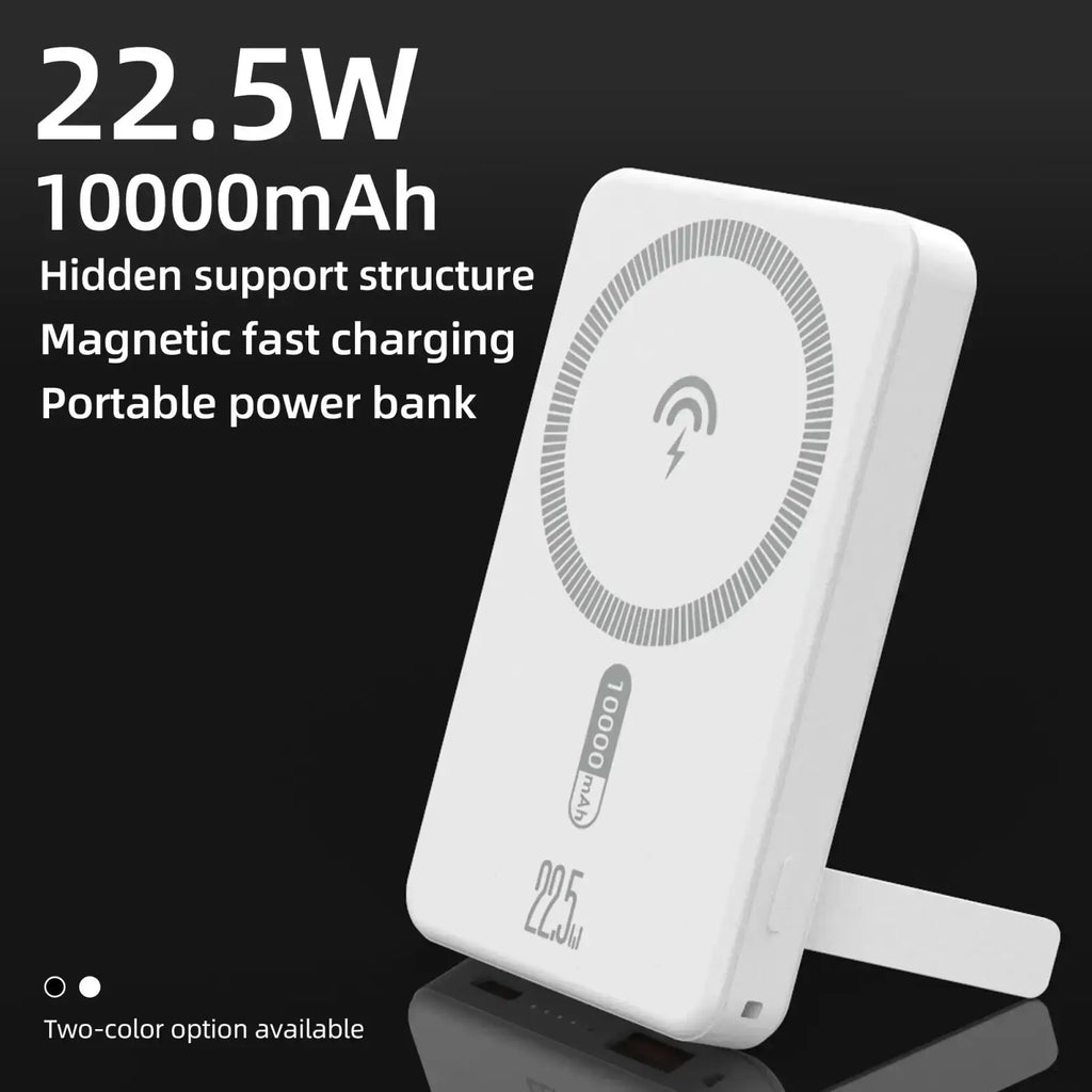 White rectangular power bank 10000mah with magnetic wireless charger and 22.5w fast charging symbol on surface