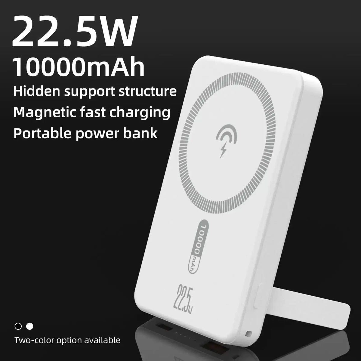 White rectangular power bank 10000mah with magnetic wireless charger and 22.5w fast charging symbol on surface