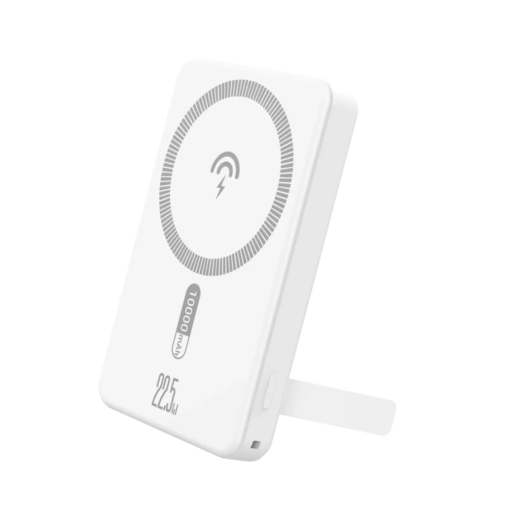 White rectangular wireless charger power bank with 10000mah capacity and circular charging symbol magnetic design