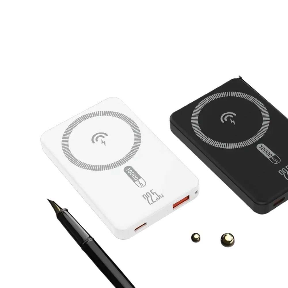 White rectangular power bank 10000mah with 22.5w fast charging and magnetic wireless charger symbol on surface
