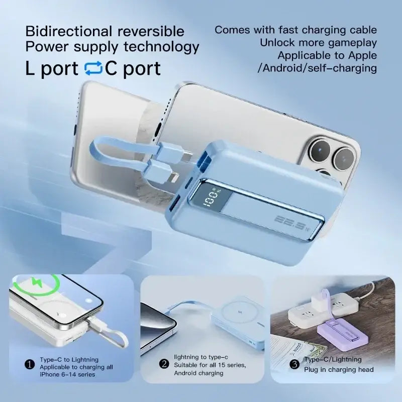 Light blue rectangular power bank 10000mAh with digital display built-in charging cable 5v=3a 9v=2a fast charger