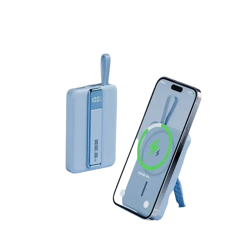 Light blue mee power bank 10000mah magnetic wireless fast charger with digital display 100 percent 5v=3a 9v=2a and carrying loop