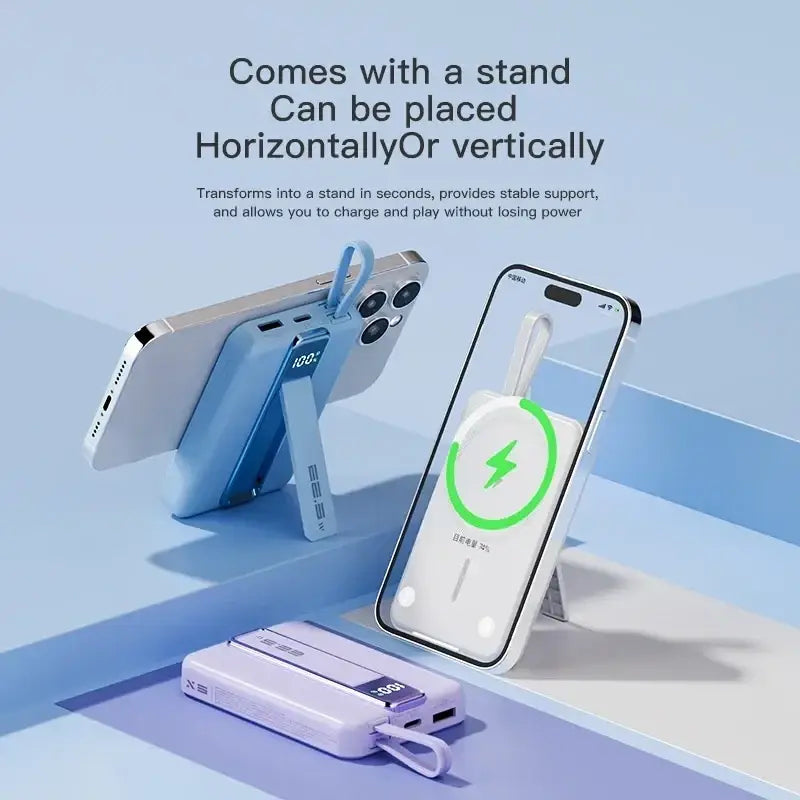 Light blue power bank 10000mah magnetic wireless fast charger with built-in stand 5v=3a 9v=2a and white lanyard loop