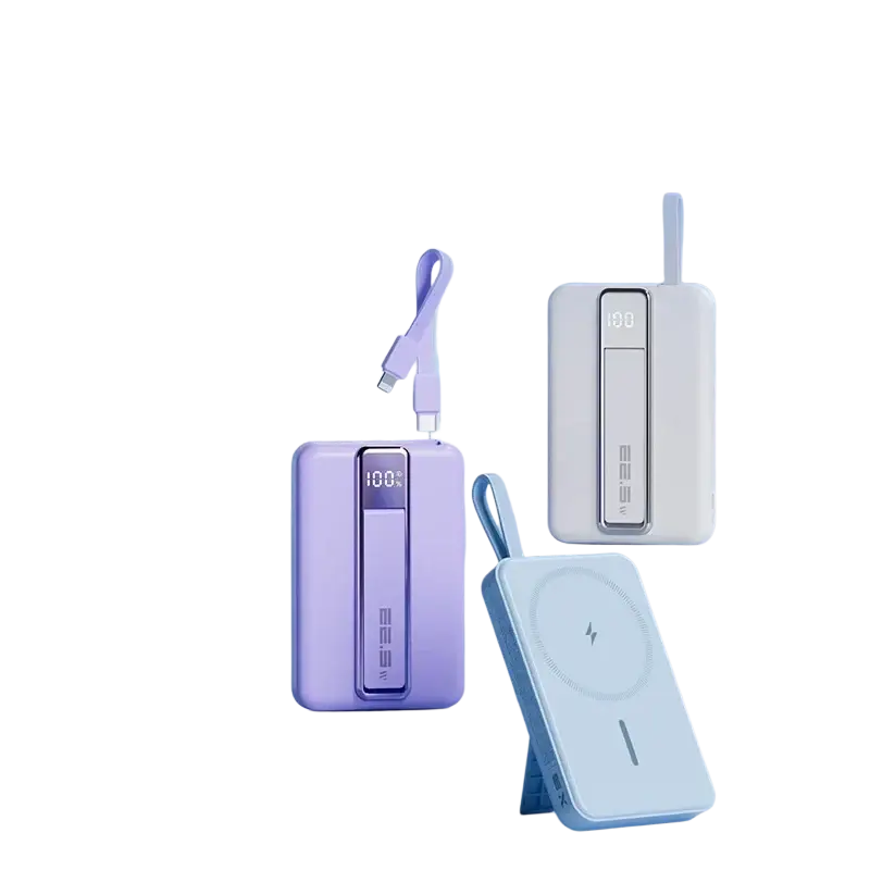 Purple rectangular power bank 10000mah with digital display and magnetic charging cable supporting 5v=3a and 9v=2a fast charging