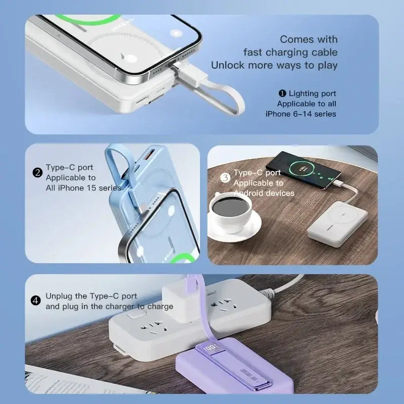 White and lavender portable power bank 10000mah magnetic wireless fast charger with type-c ports 5v=3a 9v=2a for iphone 15 and android