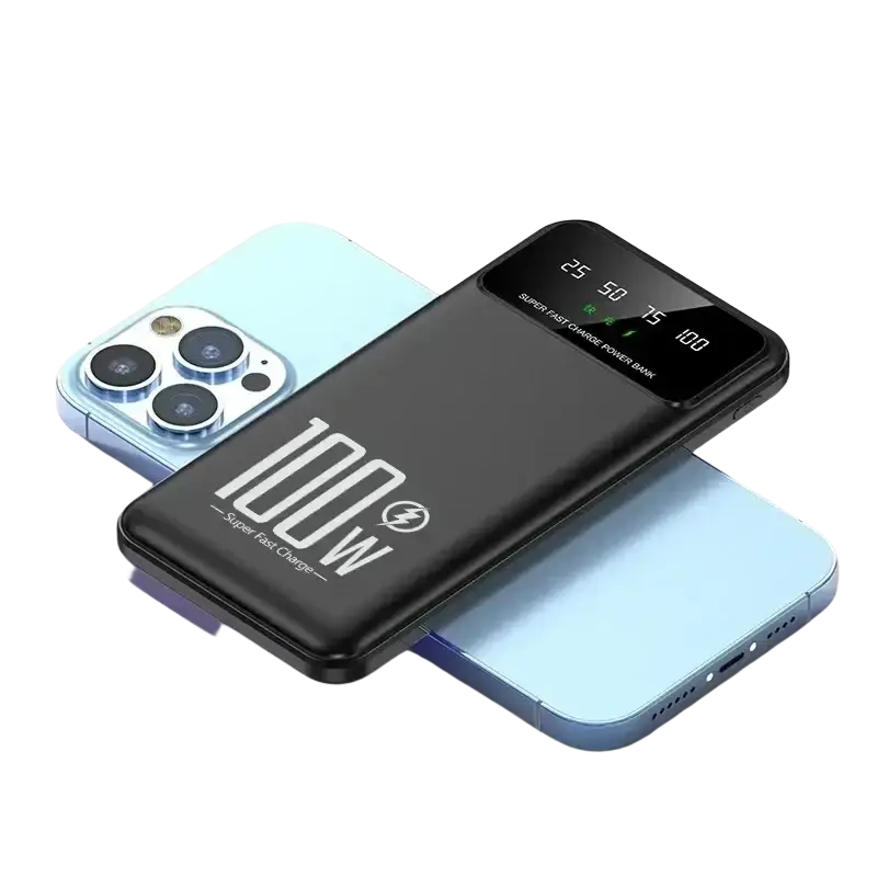 Black rectangular power bank with digital display showing charge levels and 100w branding for quick charge use