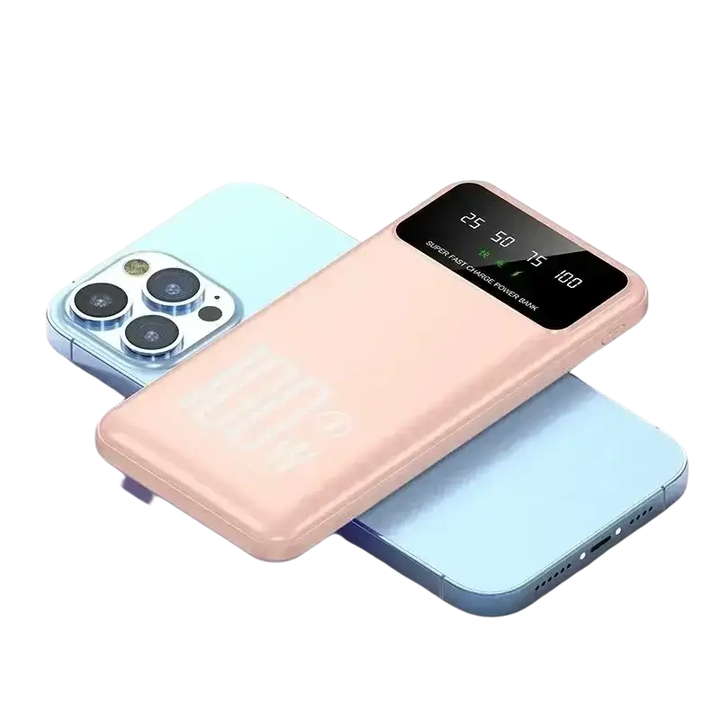 Pastel pink and light blue power bank 100w quick charge with digital display showing battery percentage 20000mah white